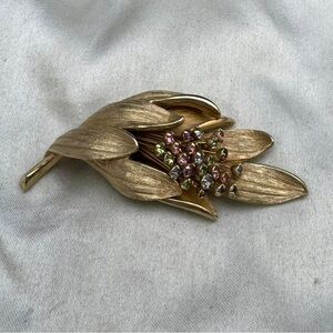 Vintage Gold Tone Leaf Brooch with Multicolor Floral Motif Rhinestone Brooch